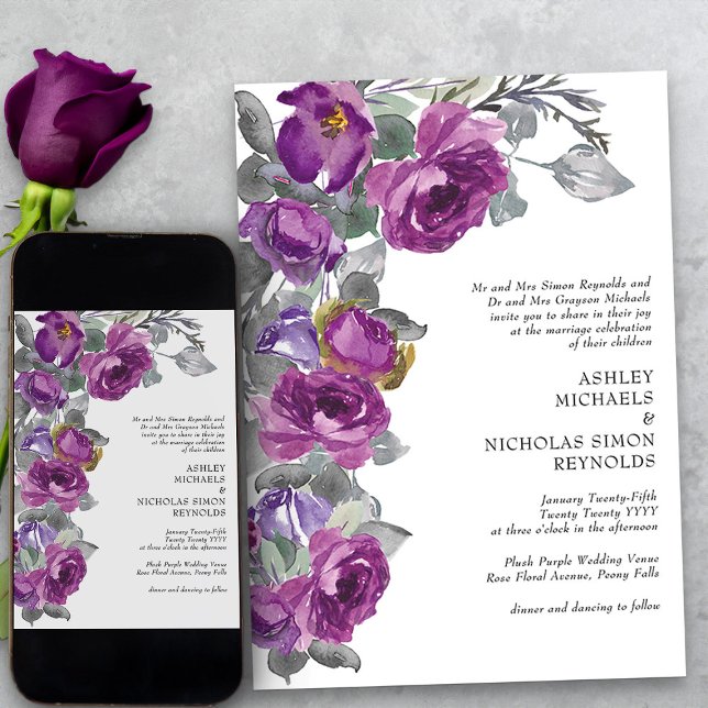 Elegant Lila Vattenfärgsblommor Formellt Bröllop Inbjudningar (Purple floral formal wedding invitation from my Plush Purple Wedding Collection)