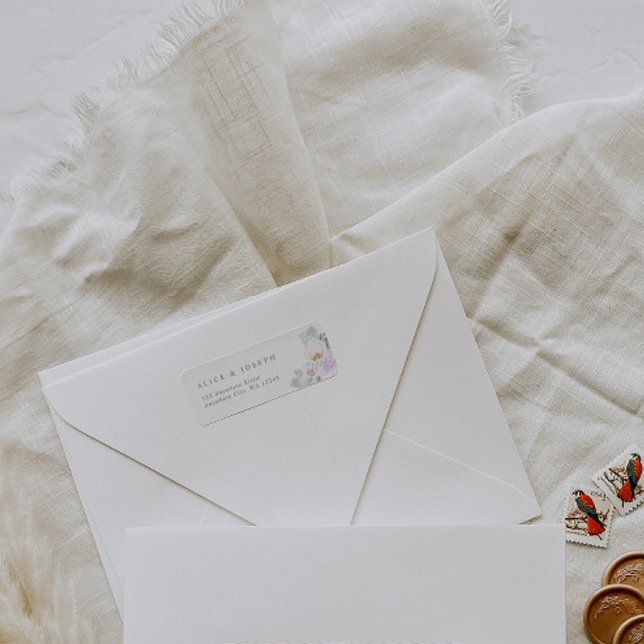 Elegant Lila Vattenfärgsblommor och Grönt Bröllop Returadress Etikett (Skapare uppladdad)