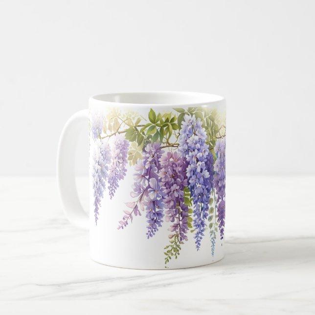 Elegant lila vattenfärgswisteria-blommigt kaffemugg (Framsida vänster)