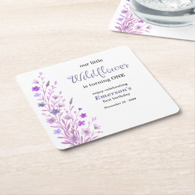 Elegant lila vildblomma 1-års födelsedagsfest underlägg papper kvadrat (Vinklad)