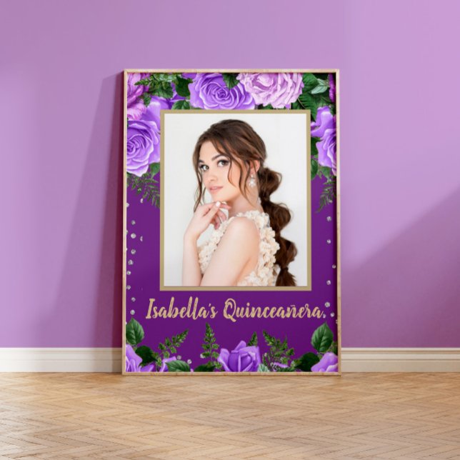 Elegant Lila Vintage Blommigt Quinceañera Photo Poster (Skapare uppladdad)