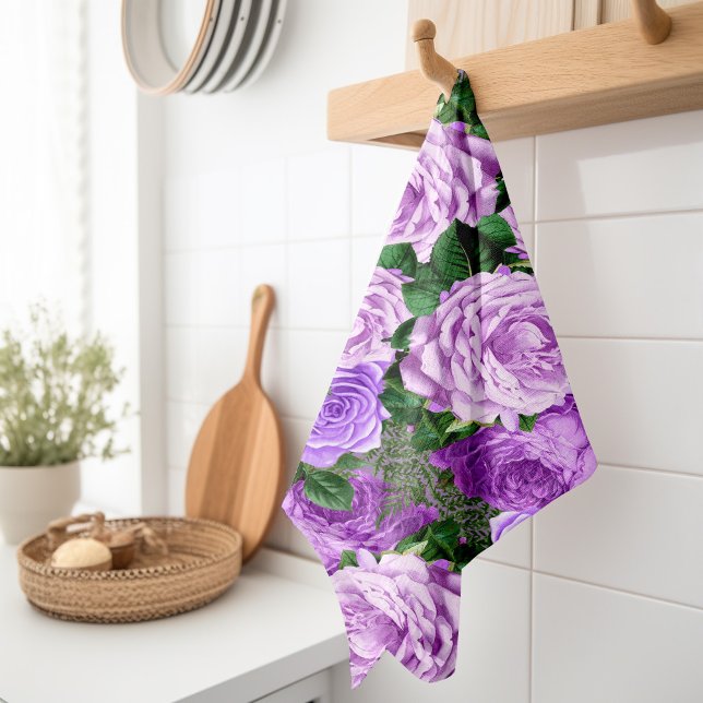 Elegant Lila Vintage Blommigt  Ro Botaniskt Kökshandduk (Purple floral kitchen towel)