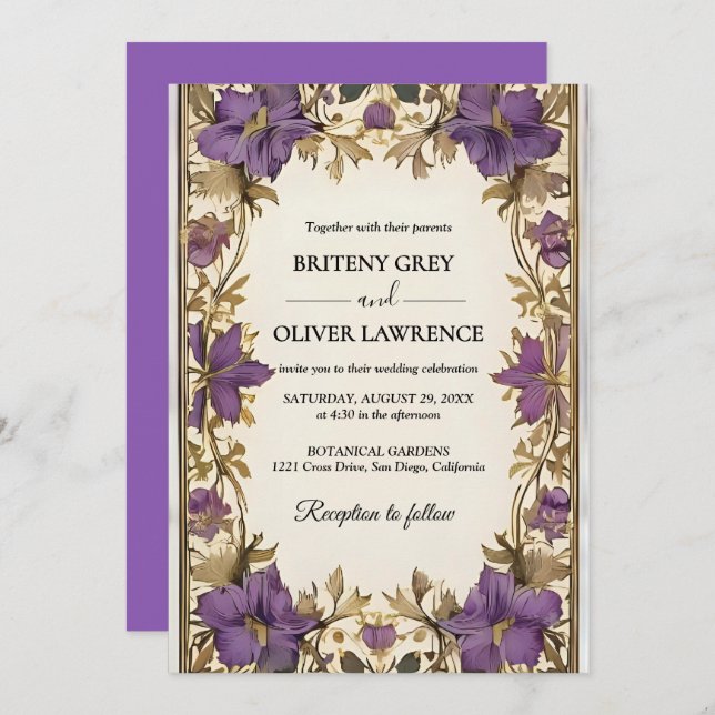 Elegant Lila Vintage bröllop William Morris Inbjudningar (Fram/baksida)