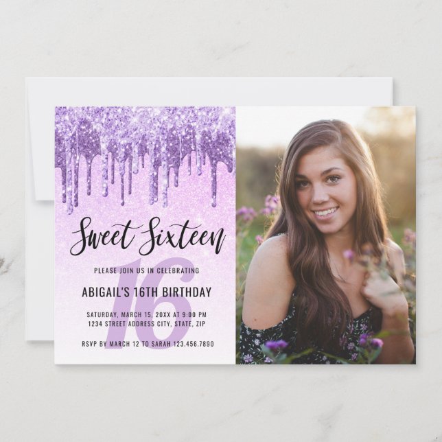 Elegant lila violet glitter droppar sweet sixteen inbjudningar (Framsida)