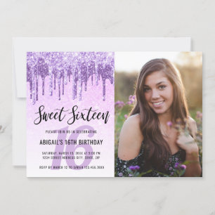Elegant lila violet glitter droppar sweet sixteen inbjudningar