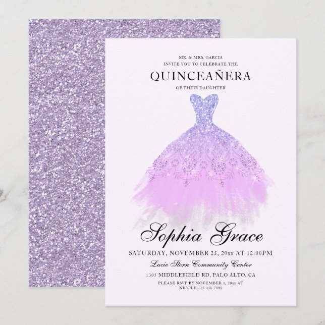 Elegant Lila Violet Glitter Quinceañera Inbjudningar (Fram/baksida)