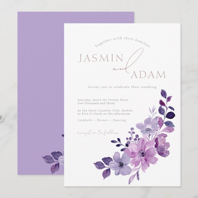 Elegant lila violett blommande bröllop inbjudningar (Fram/baksida)