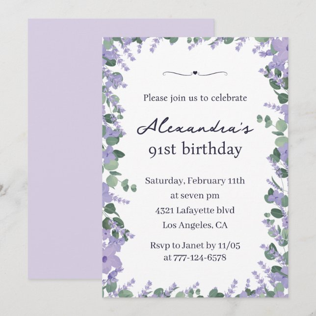 Elegant lila violett blomster ram 91-årsdag inbjudningar (Fram/baksida)