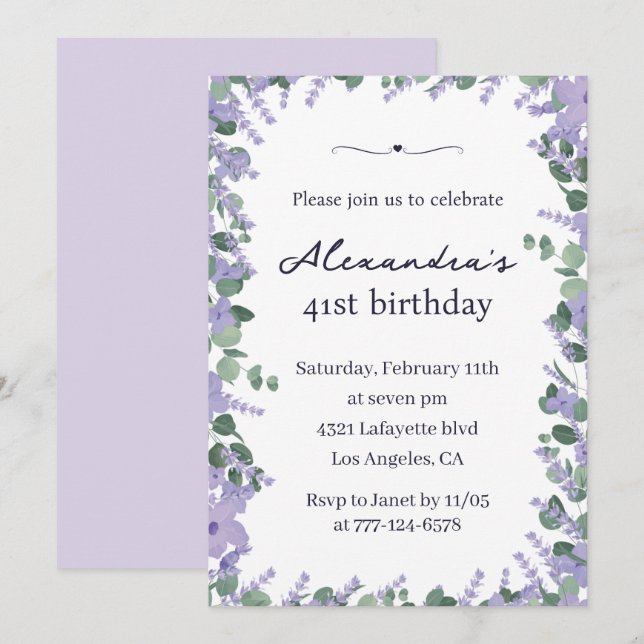 Elegant lila violett blomsterram 41-årsdag inbjudningar (Fram/baksida)