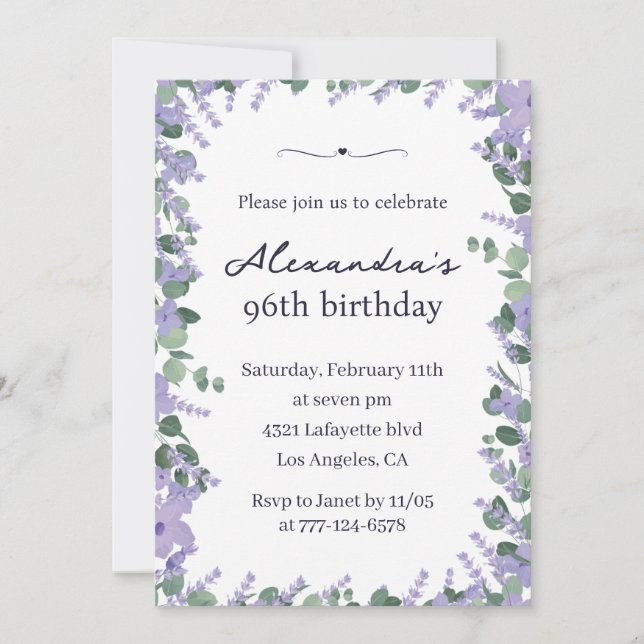 Elegant lila violett blomsterram 96-årsdag inbjudningar (Framsida)