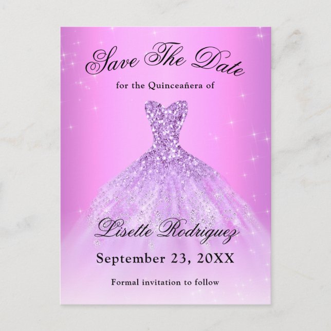 Elegant lila violett Quinceanera Save The Date Vykort (Framsida)
