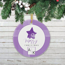 Elegant Lila Violett Rutig Monogram Julgransprydnad Keramik