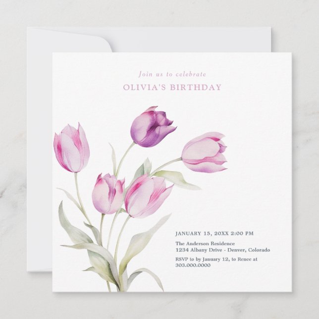 Elegant lila violetta blomster vattenfärg tulpaner inbjudningar (Framsida)