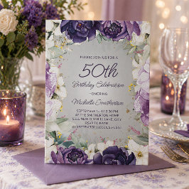 Elegant lila vit blommande glitter 50-årsfirande inbjudningar
