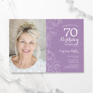 Elegant Lila Vit Blommigt Foto 70:e födelsedagen Inbjudningar