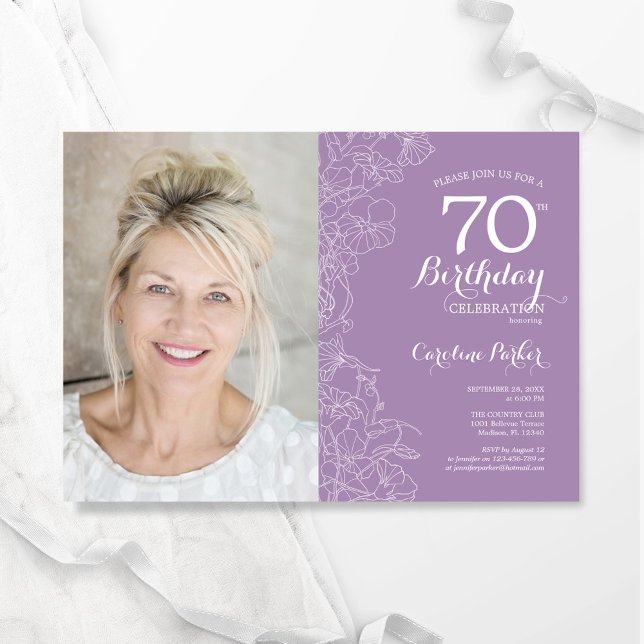 Elegant Lila Vit Blommigt Foto 70:e födelsedagen Inbjudningar (Skapare uppladdad)