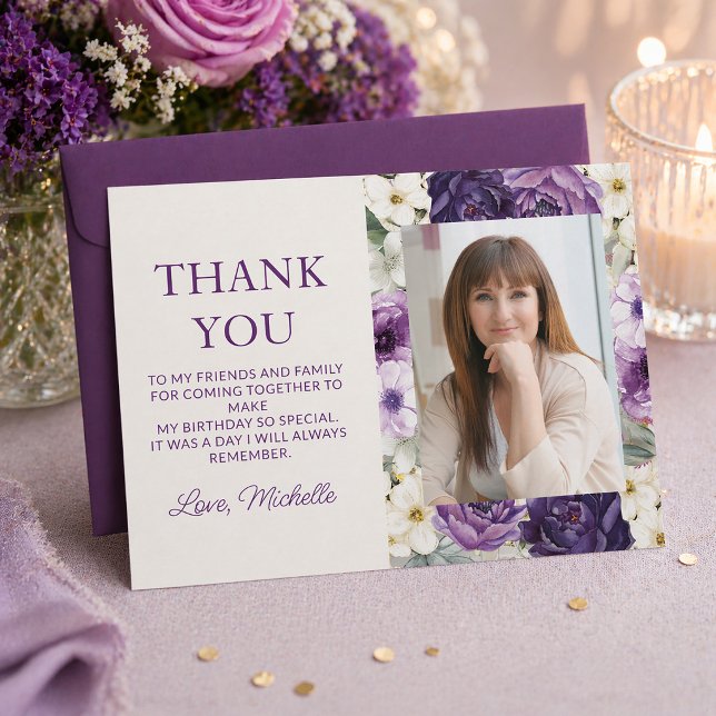 Elegant lila vit blomster födelsedags tackkort tack kort (Elegant purple floral birthday party photo "Thank You" card)