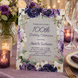 Elegant lila vit blomster glitter 100-årsdag inbjudningar