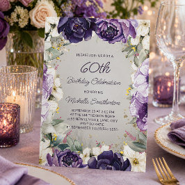Elegant lila vit blomster glitter 60-årsdag inbjudningar