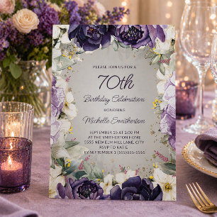 Elegant lila vit blomster glitter 70-årsfirande inbjudningar