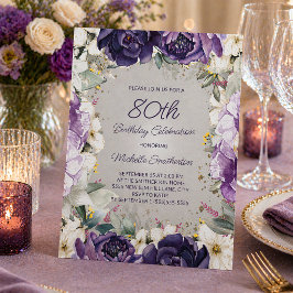 Elegant lila vit blomster glitter 80-årsdag inbjudningar