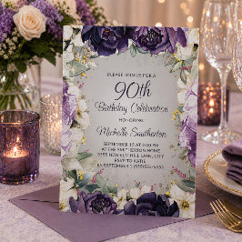 Elegant lila vit blomster glitter 90-årsdag inbjudningar