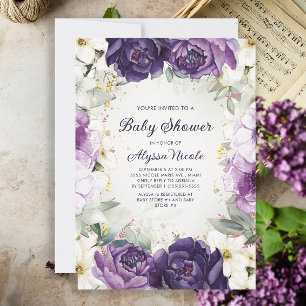 Elegant lila vit blomster glitter baby shower In Inbjudningar
