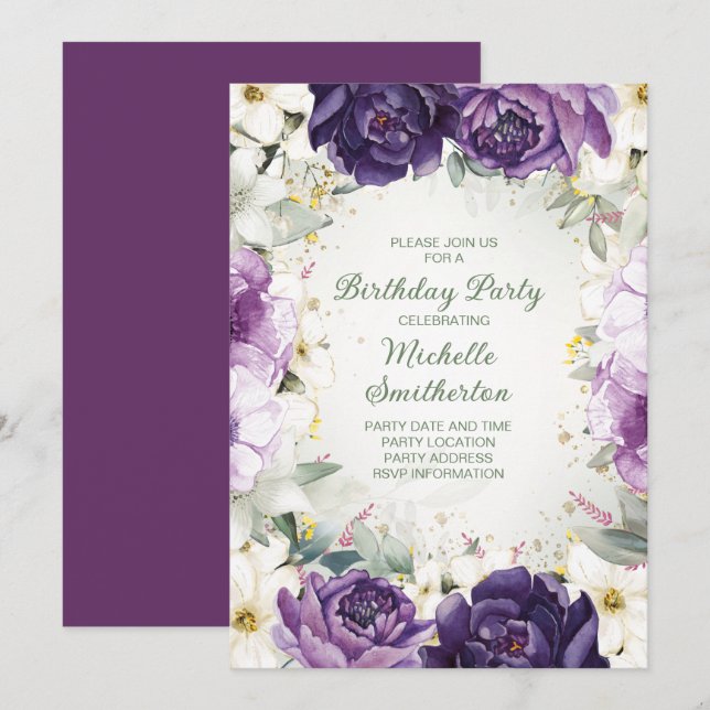 Elegant lila vit blomster glitter födelsedag inbjudningar (Fram/baksida)