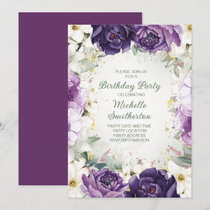 Elegant lila vit blomster glitter födelsedag inbjudningar