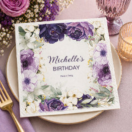 Elegant lila vit blomster glitter födelsedagsnamn  pappersservett