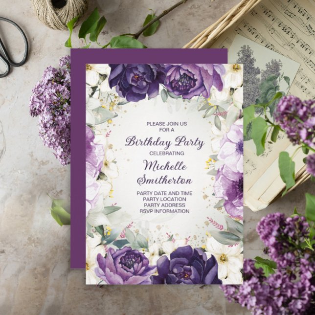 Elegant lila vit blomsterglitter födelsedagsinbjud inbjudningar (Skapare uppladdad)