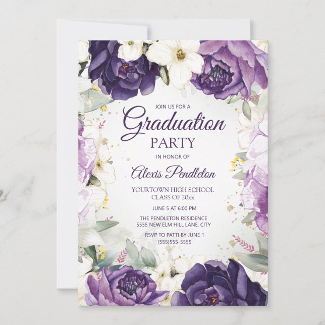 Elegant lila vit blomstergraduation inbjudningar (Framsida)