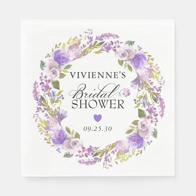 Elegant lila vit blomsterlig bröllopsdusch pappersservett (Framsidan)