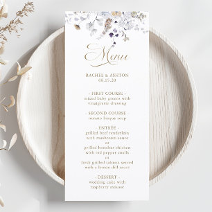 Elegant lila vit guld blommande bröllop meny
