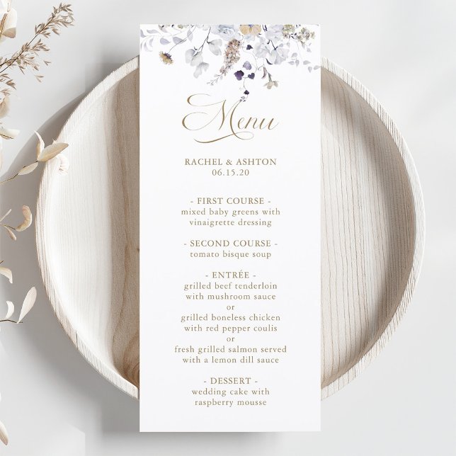 Elegant lila vit guld blommande bröllop meny (Skapare uppladdad)