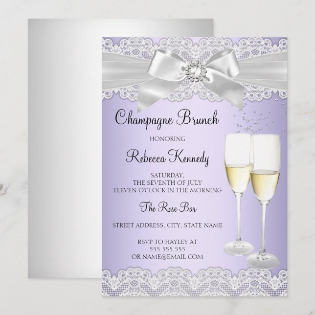 Elegant lila vit spets Champagne Brunch inbjudan (Fram/baksida)