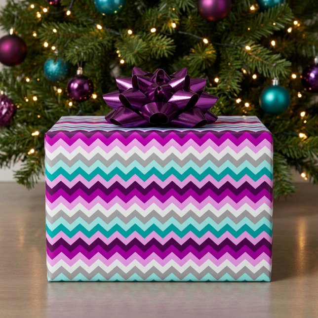 Elegant lila vit turkos chevronpresentpapper presentpapper (Elegant Purple White Teal Chevrons Wrapping Paper)