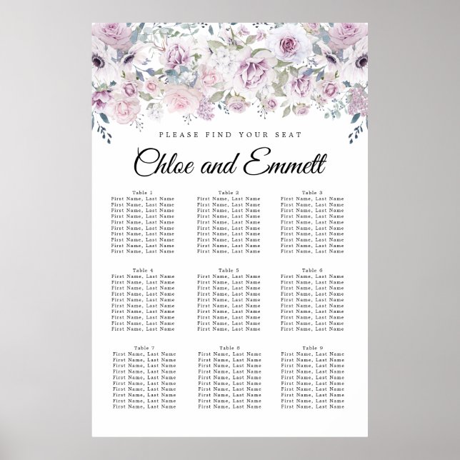 Elegant Lila Vita Blommigten 9-Bord sätesdiagram Poster (Framsidan)