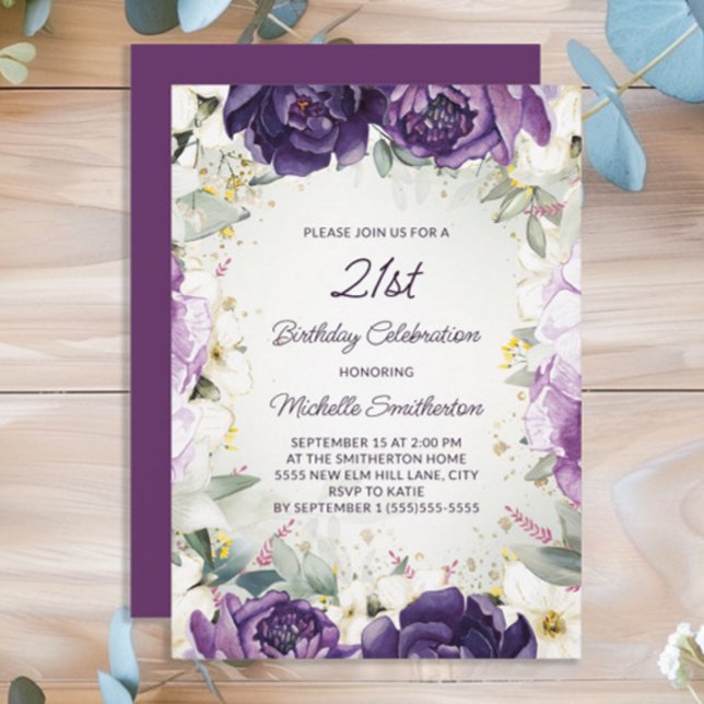 Elegant Lila Vita Blommigten Glitter 21:a födelsed Inbjudningar (Purple floral women's 21st birthday party invitation)