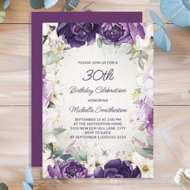 Elegant Lila Vita Blommigten Glitter 30års födelse Inbjudningar (Purple floral women's 30th birthday party invitation)