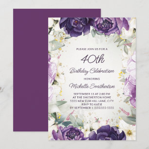 Elegant Lila Vita Blommigten Glitter 40:e födelsed Inbjudningar