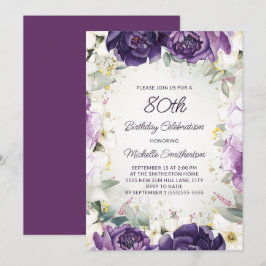 Elegant Lila Vita Blommigten Glitter 80:e födelsed Inbjudningar