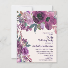 Elegant Lila Watercolor Blommigt 30års födelsedag Inbjudningar