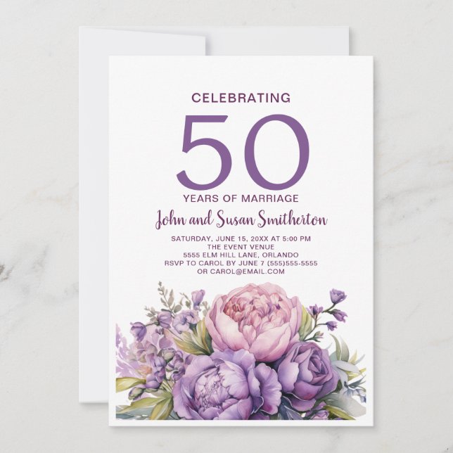 Elegant Lila Watercolor Blommigt 50-årsjubileum Inbjudningar (Framsida)