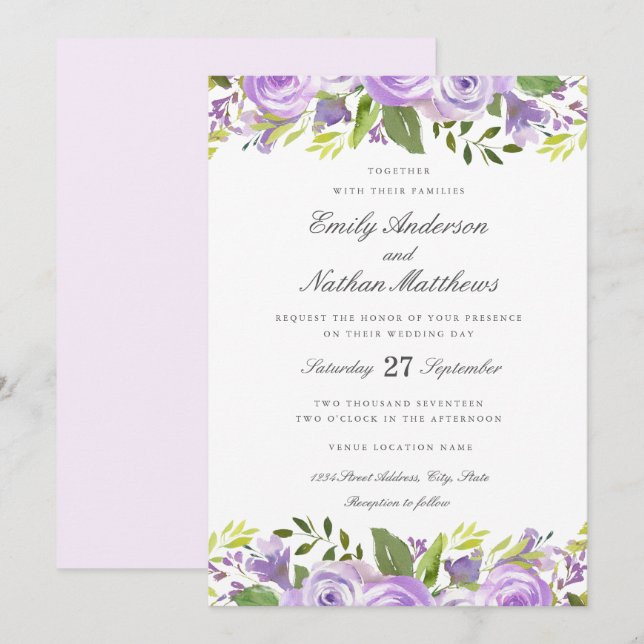 Elegant Lila Watercolor Blommigt Bröllop Inbjudningar (Fram/baksida)