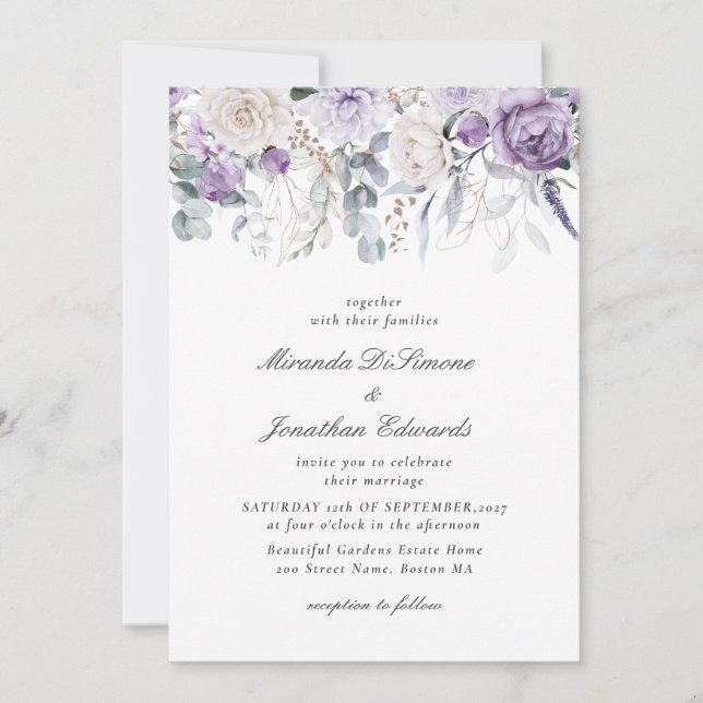 Elegant Lila Watercolor Blommigt Bröllop Inbjudningar (Framsida)