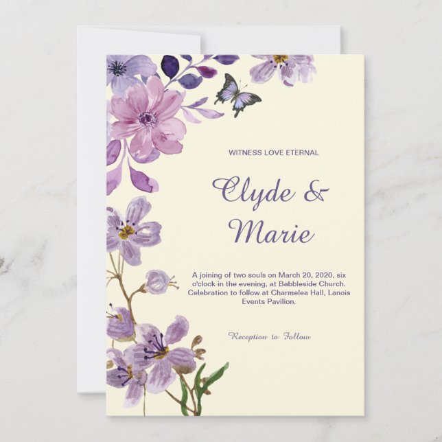 Elegant Lila Watercolor Blommigt Bröllop Inbjudningar (Framsida)