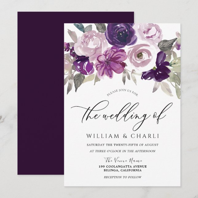 Elegant Lila Watercolor Blommigt Bröllop Inbjudningar (Fram/baksida)