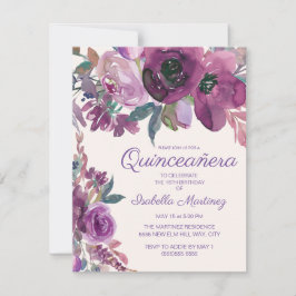 Elegant Lila Watercolor Blommigt Quinceañera 15:e Inbjudningar