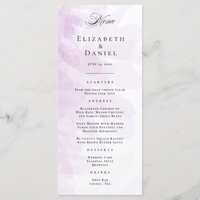 Elegant Lila Watercolor Bröllop Menu Meny (Framsida)